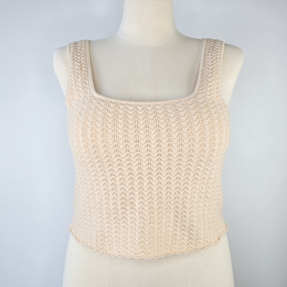 Marled Crochet Cotton Blend Knit Cropped Tank Top Lined Beige Size M NWT